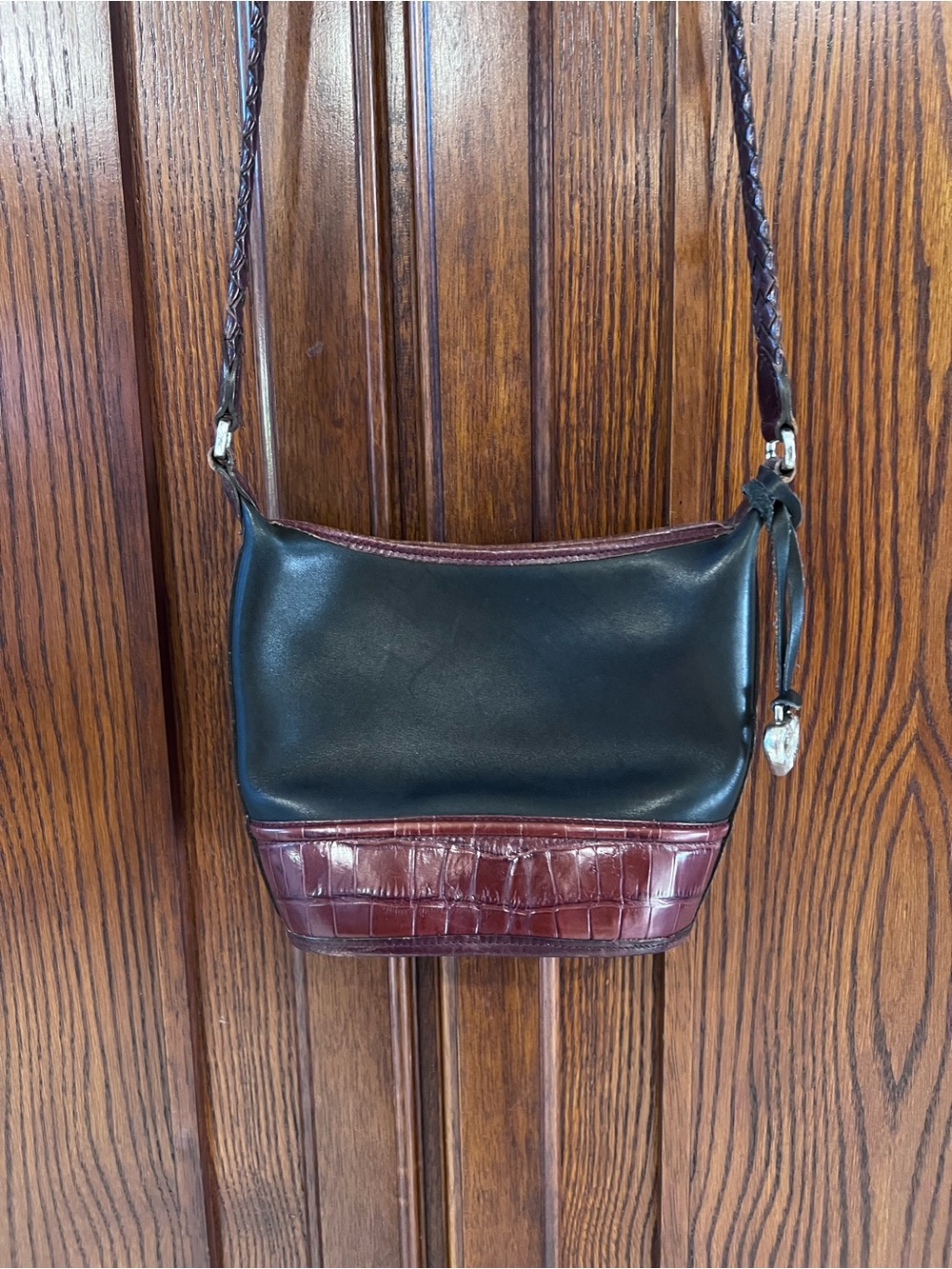 VTG Brighton Little Judy Black Leather Brown Croc Crossbody Bucket Bag Purse